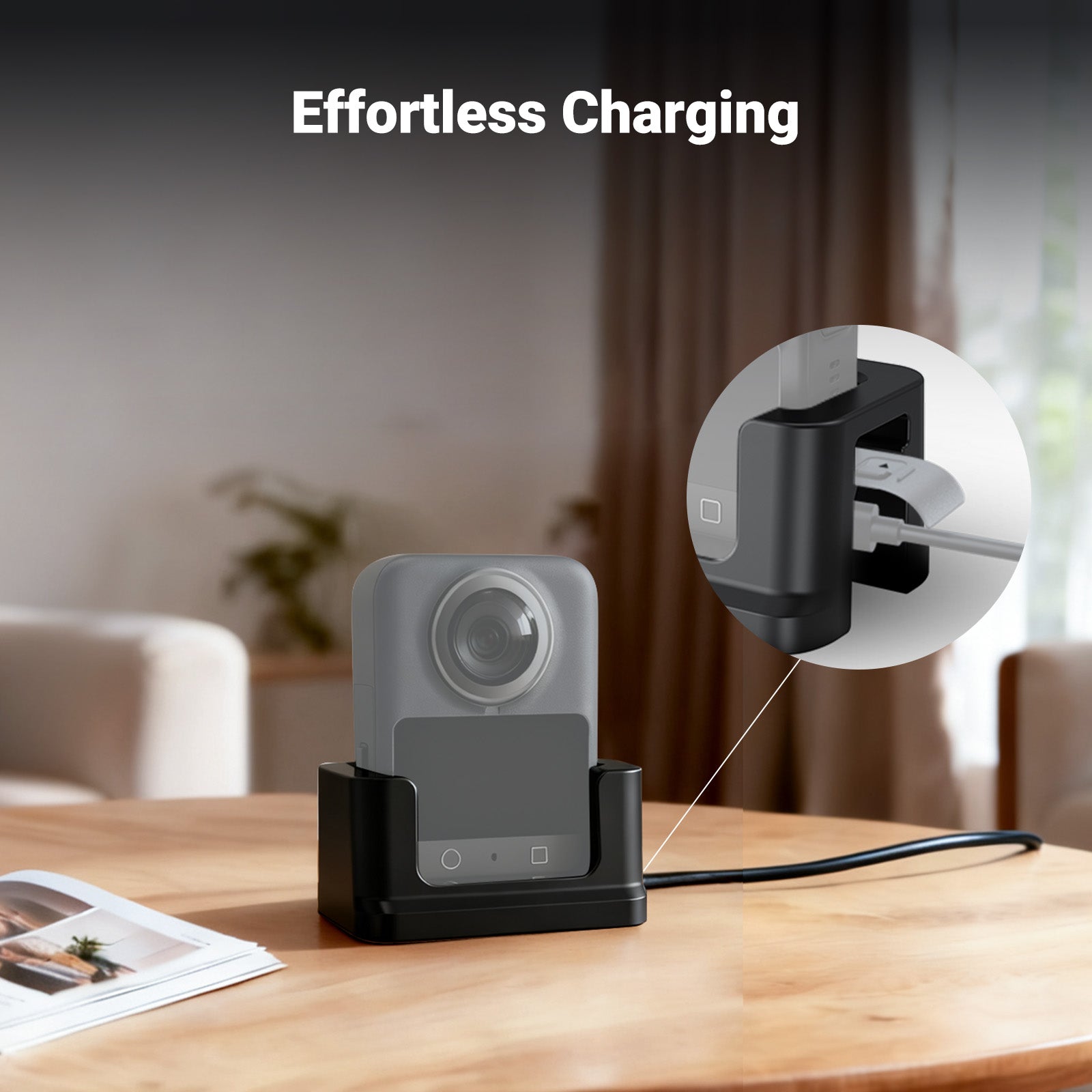 The osmo 360 base allows for easy access to the charging port, enables upright charging, and prevents bumps from flat charging