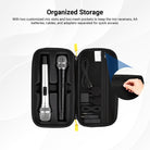 The mic case comes with two customized mic slots, two mesh pockets, and loop and hook fasteners