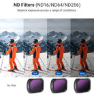 The effect of different NEEWER ND filters for Pocket 4(ND Filter, ND16, ND64, ND256) on a bright alpine skiing scene