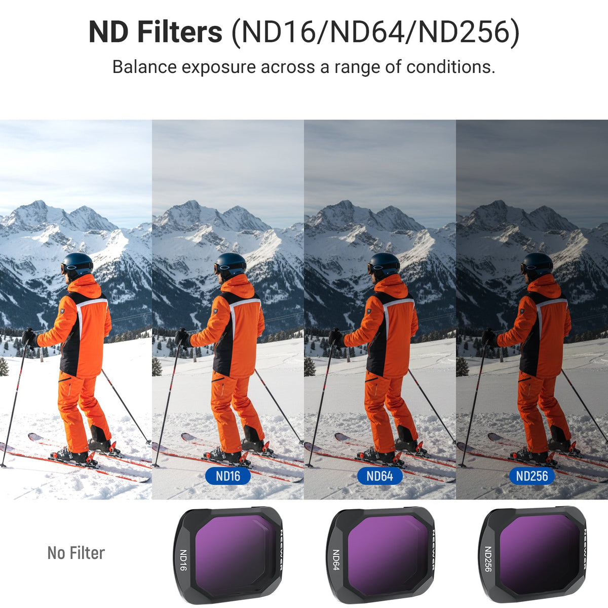 The effect of different NEEWER ND filters for Pocket 4(ND Filter, ND16, ND64, ND256) on a bright alpine skiing scene