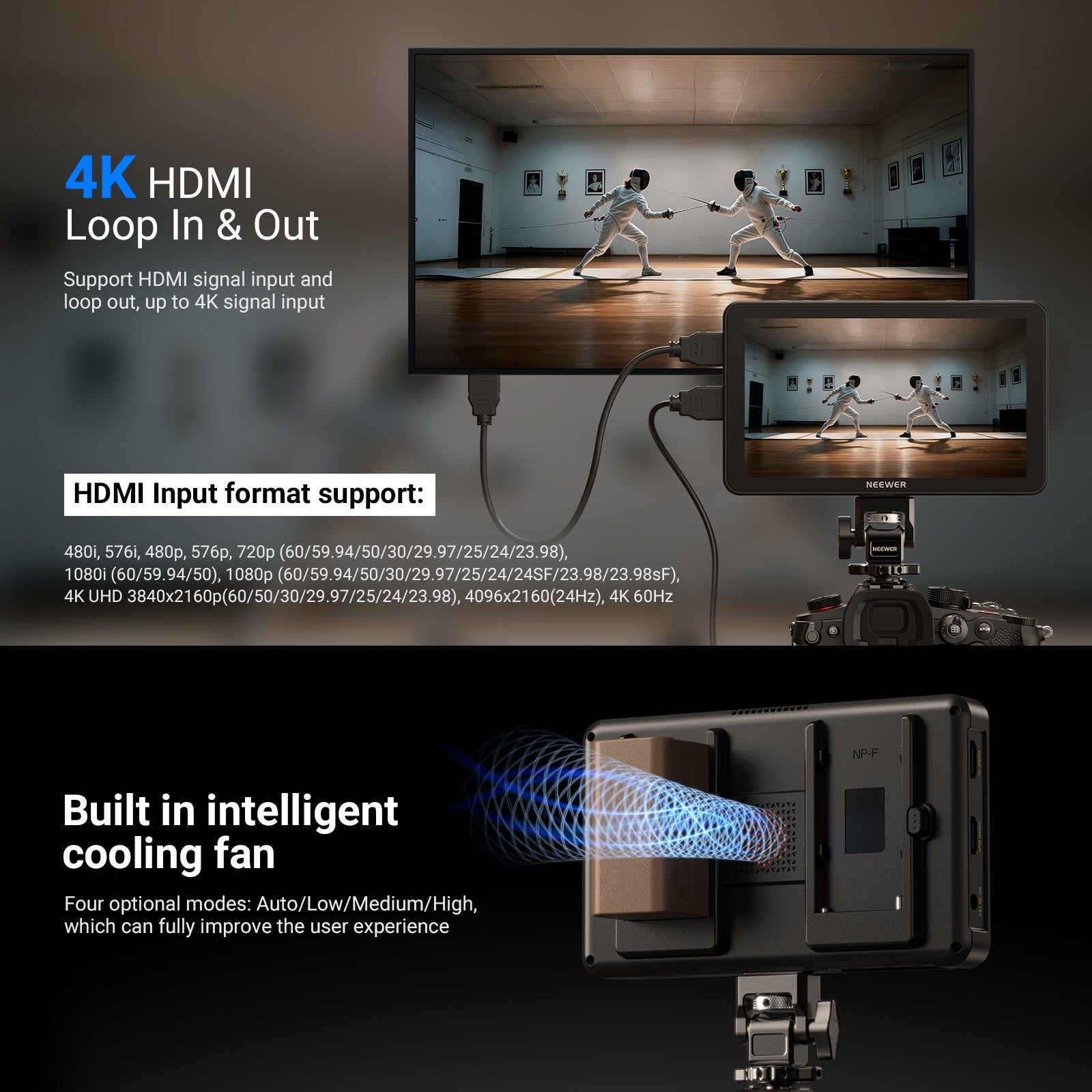 With a fresh design with improved UI, the camera monitor supports 4K HDMI loop input and output functionality