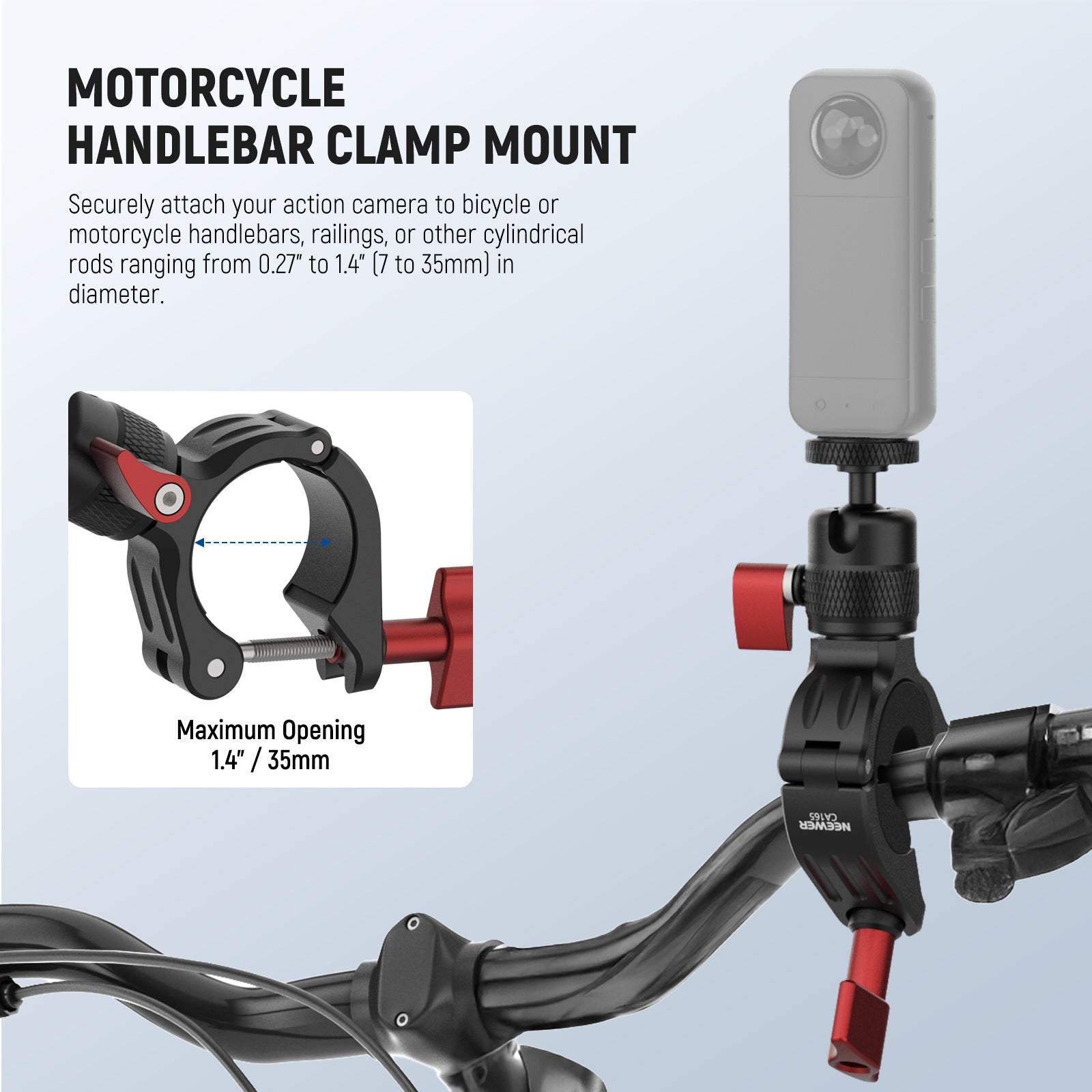 NEEWER CA165 Handlebar Clamp Mount securely attaches your action camera to a bicycle.