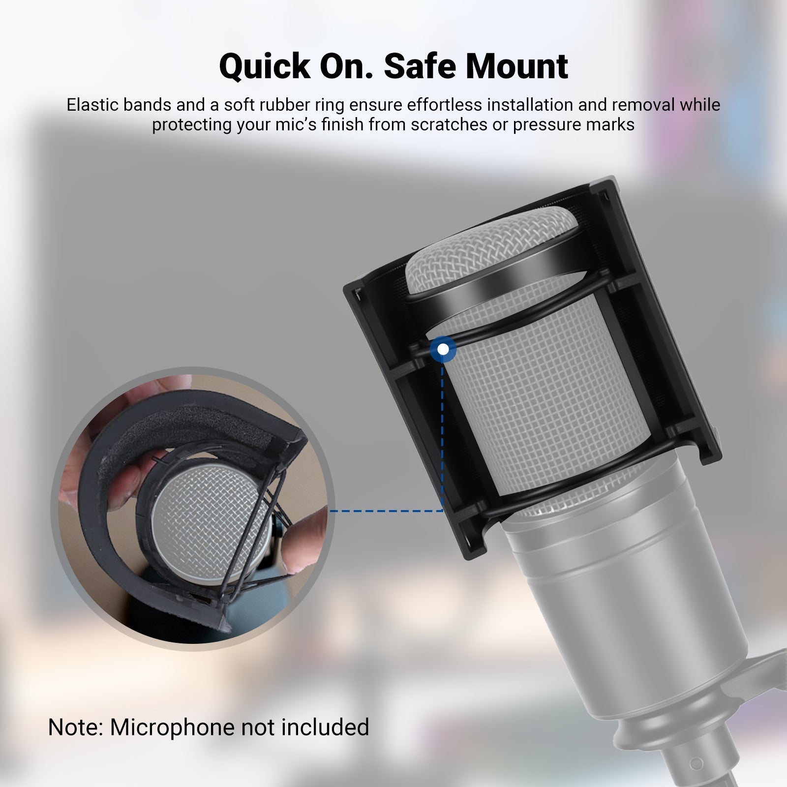 NEEWER MS020 Microphone Pop Filter features elastic bands and a soft rubber ring, ensuring effortless installation and removal.