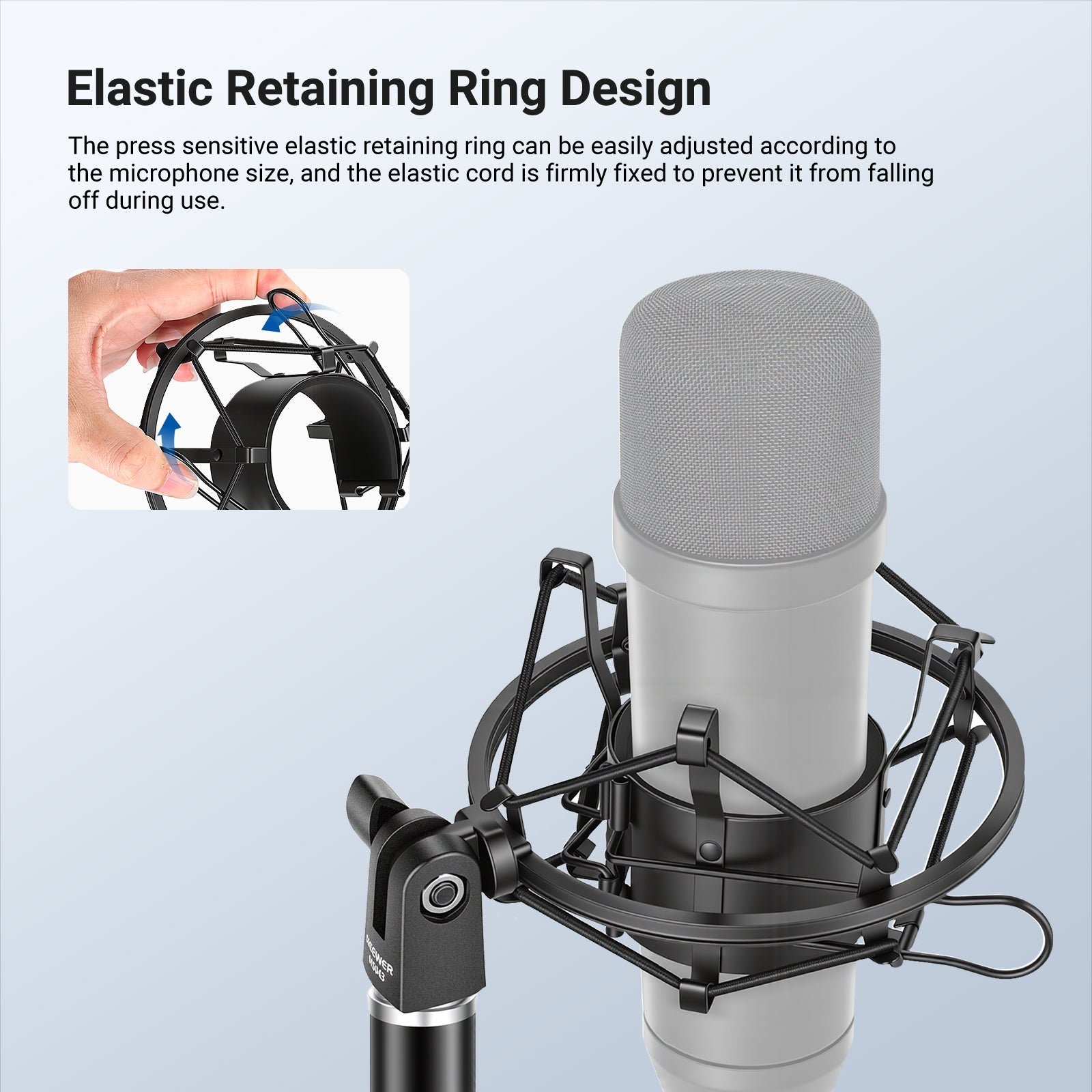 NEEWER MS043 Microphone Shock Mount features reinforced elastic ropes to secure your microphone in place.