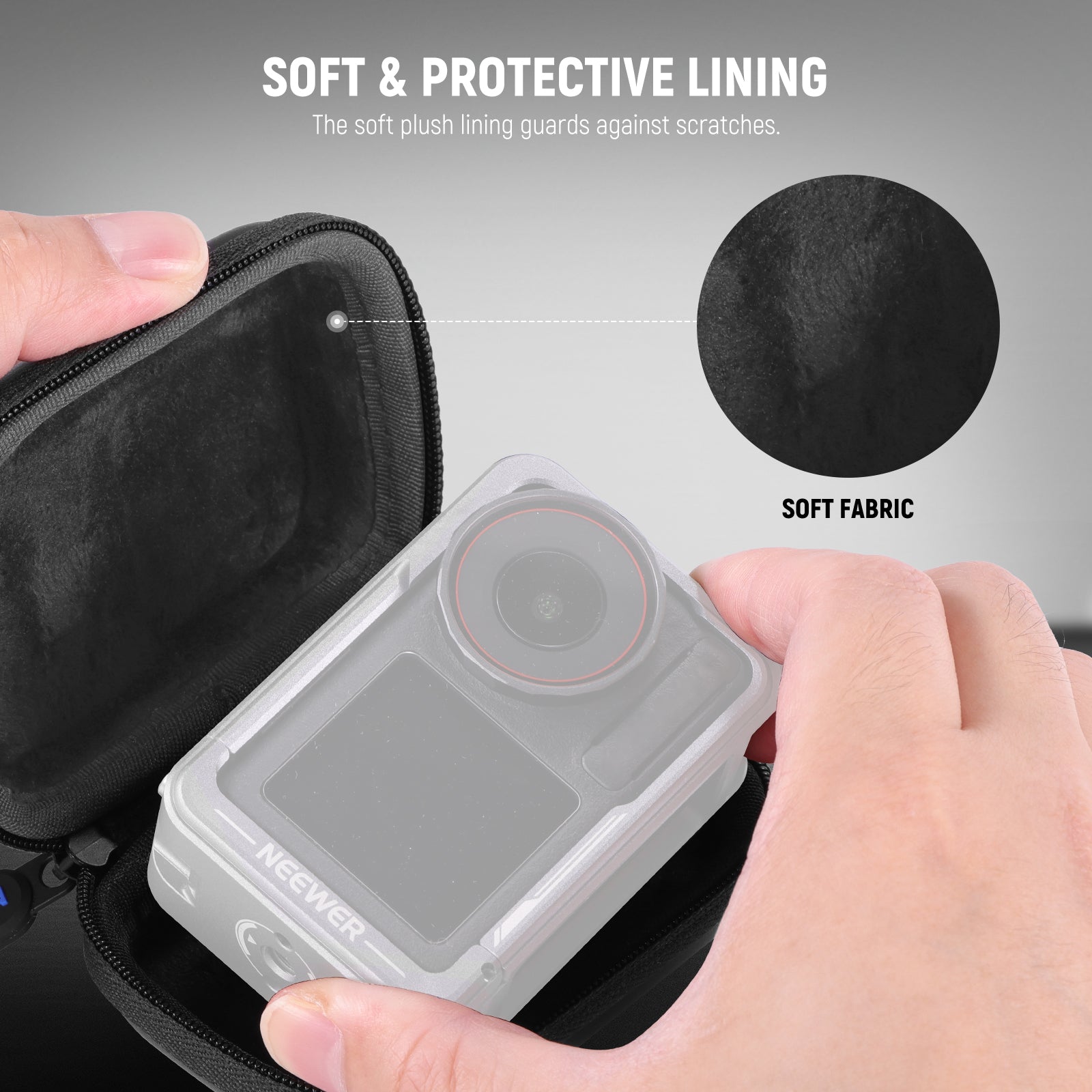 Its integrated lens contour prevents pressure on the camera screen and lens
