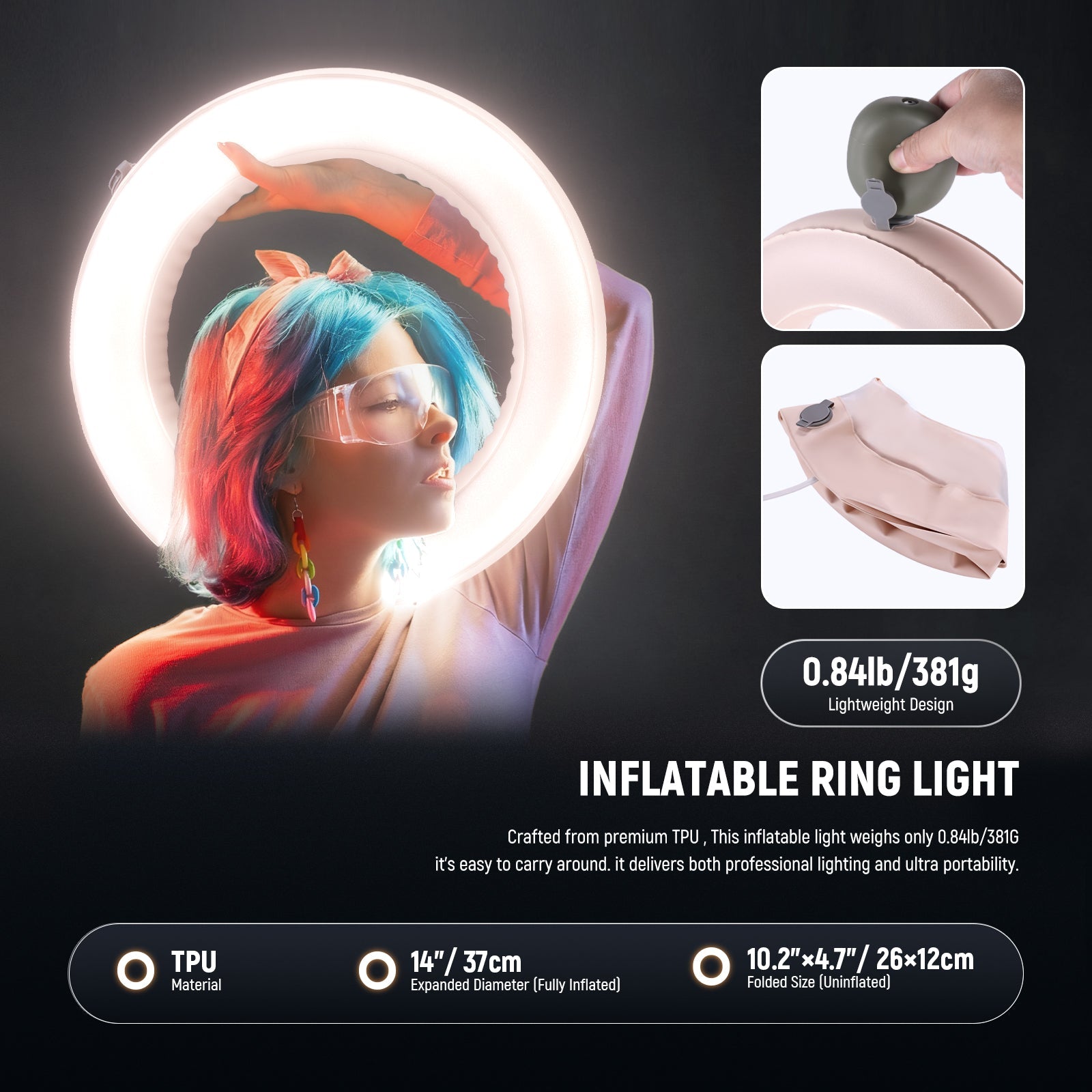 NEEWER RA14B Inflatable Large Ring Light weighs only 381g.