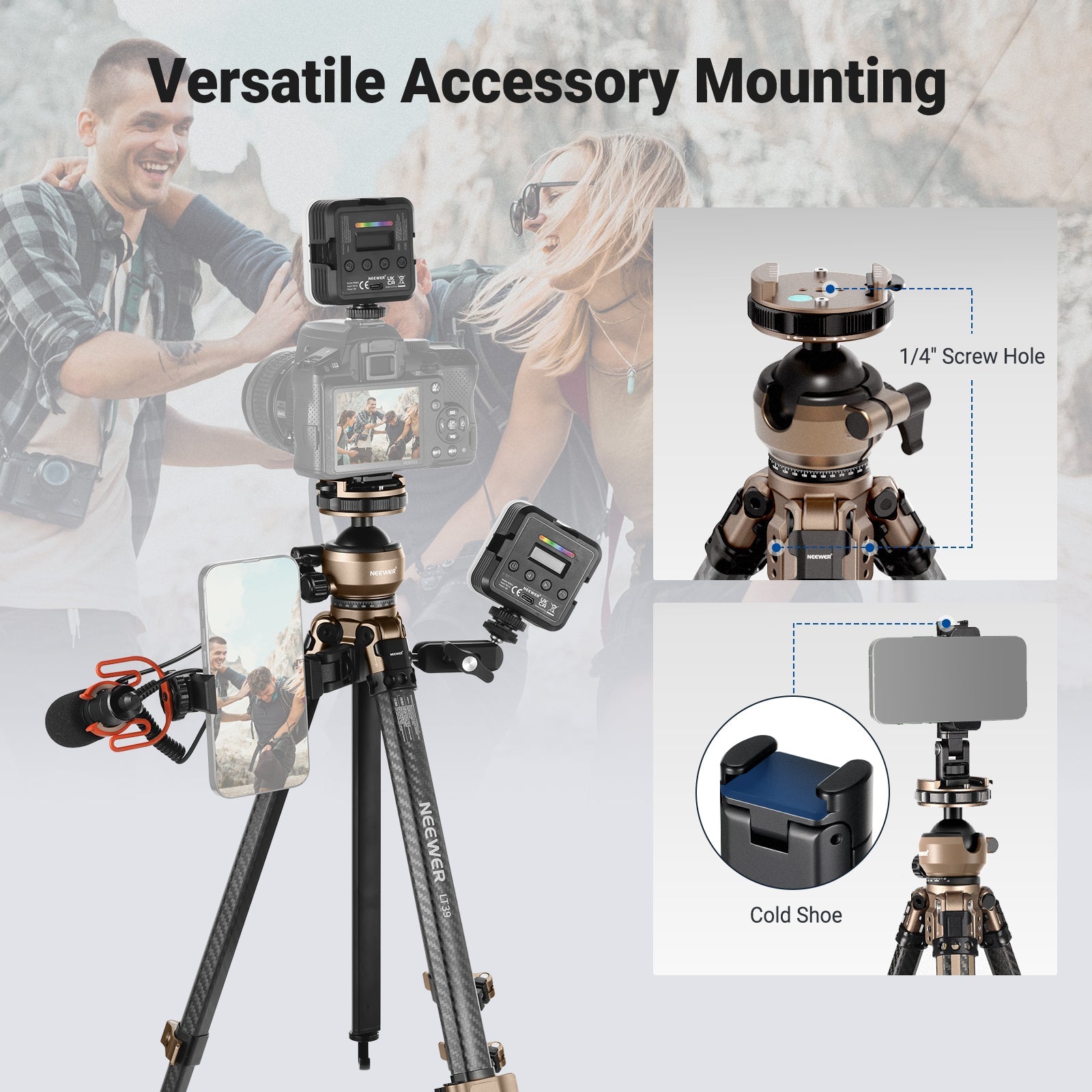 NEEWER LT39 Portable Carbon Fiber Travel Tripod features a 1/4" screw hole and a cold shoe.