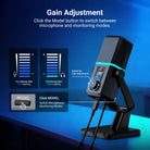 Briefly press Model button to switch gain control on microphone and headphones