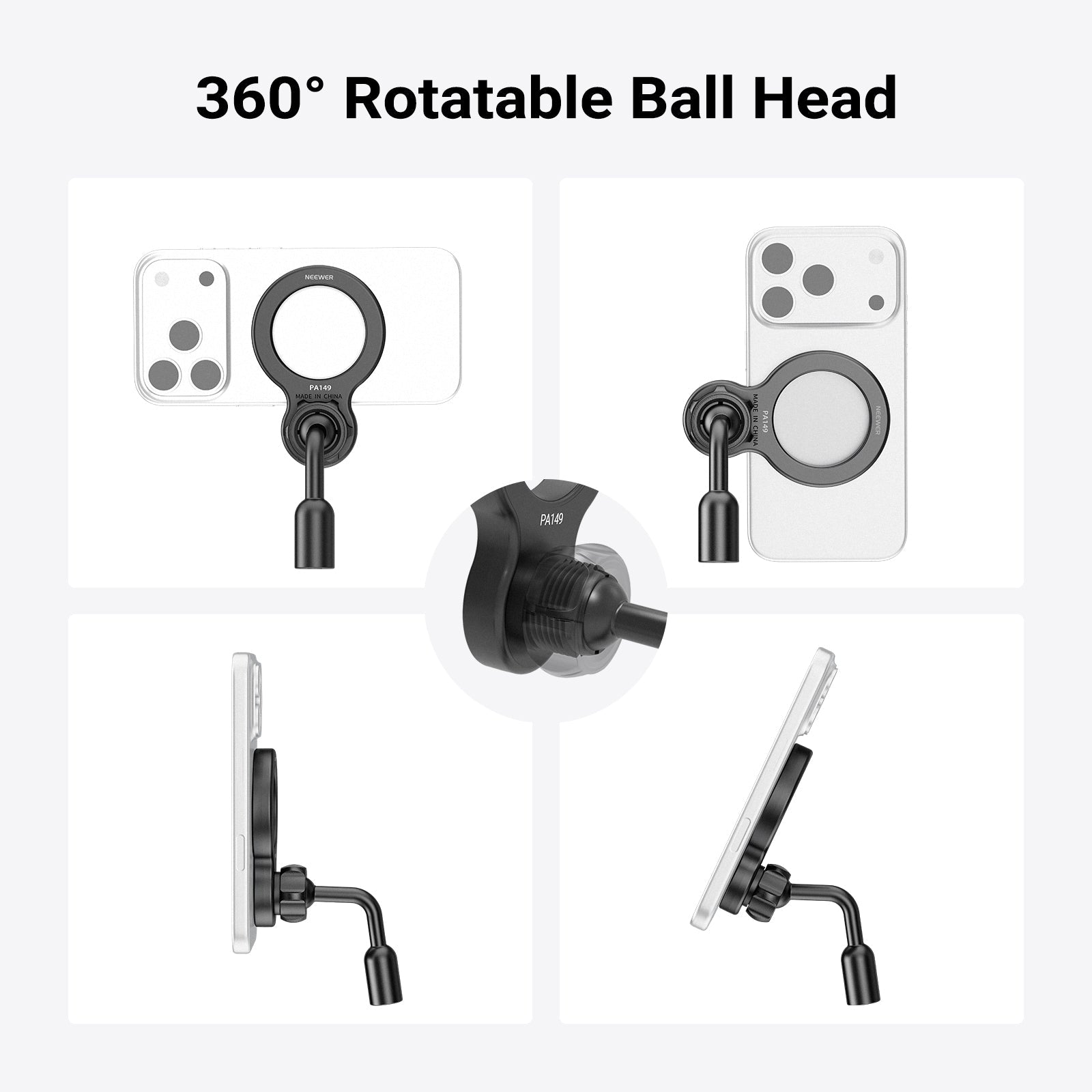 The camera phone mount holder compatible with Mag Safe allows for 360° swivel