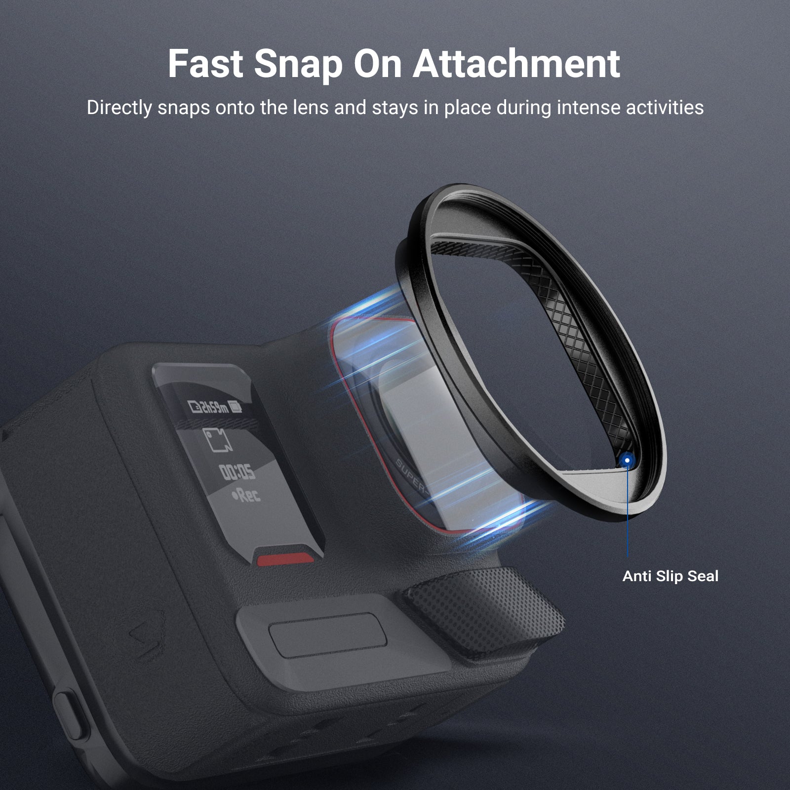 Directly snaps onto the lens and stays in place with the help of its nonslip rubber linings