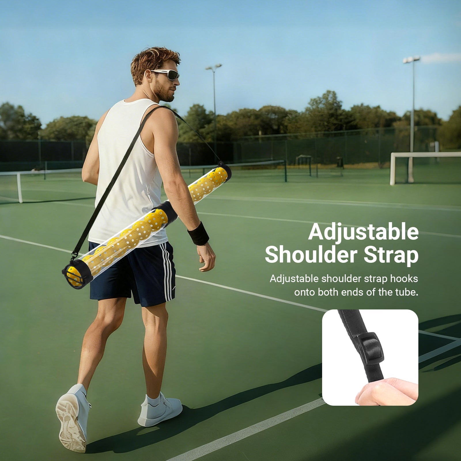 Adjustable shoulder strap hooks onto both ends of the tube, making it more portable.