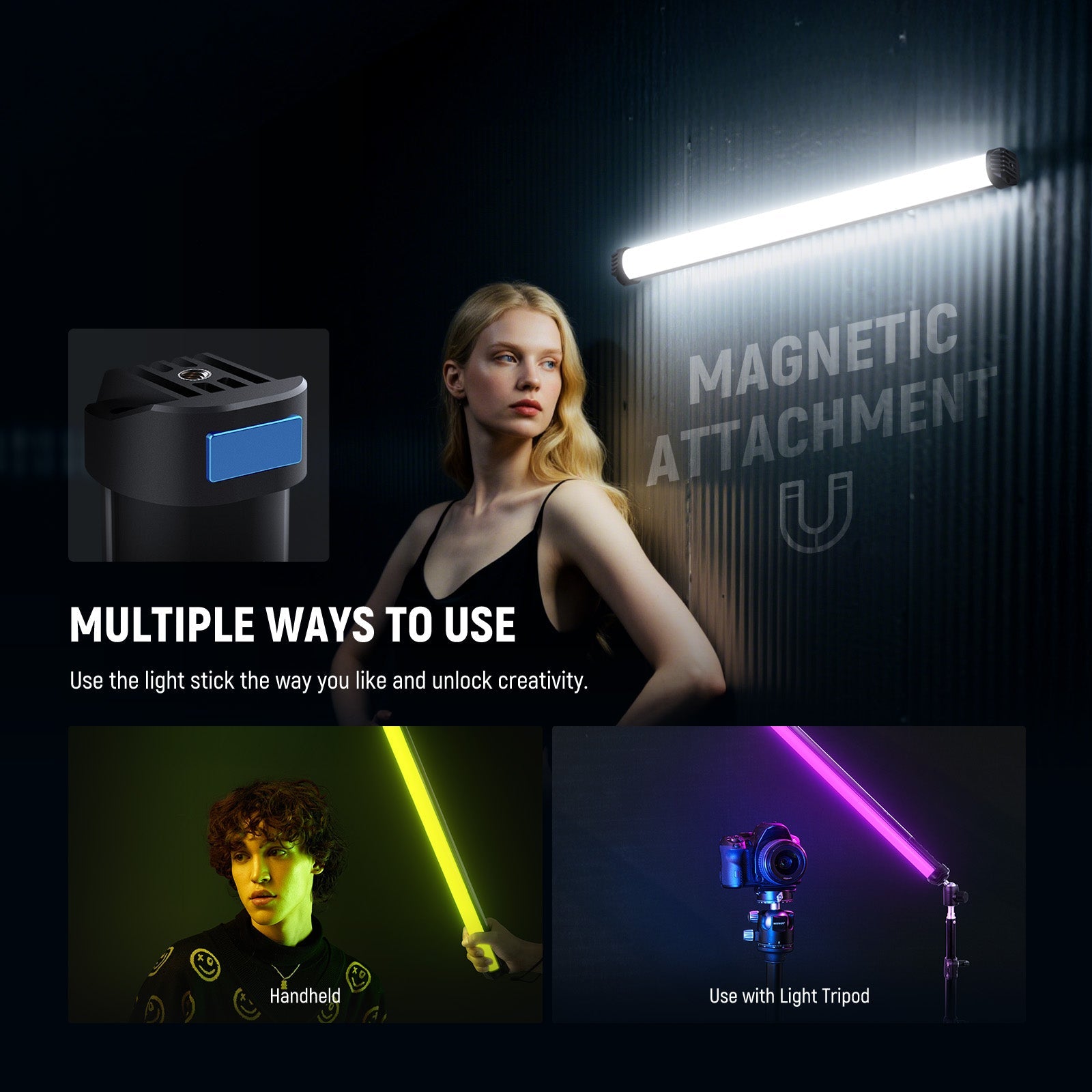 NEEWER SL50 Magnetic Handheld Light Wand supports multiple ways to use.