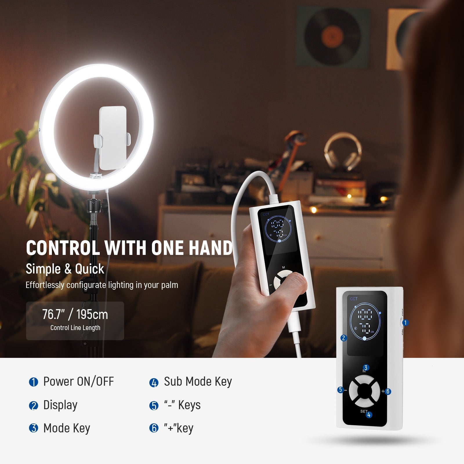 NEEWER RH12B Pro LED Ring Light can be controlled with one hand.