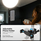 The NEEWER BR45B round LED light with a phone mount provides soft, shadow-free illumination as a woman films a skincare tutorial while holding up a product.