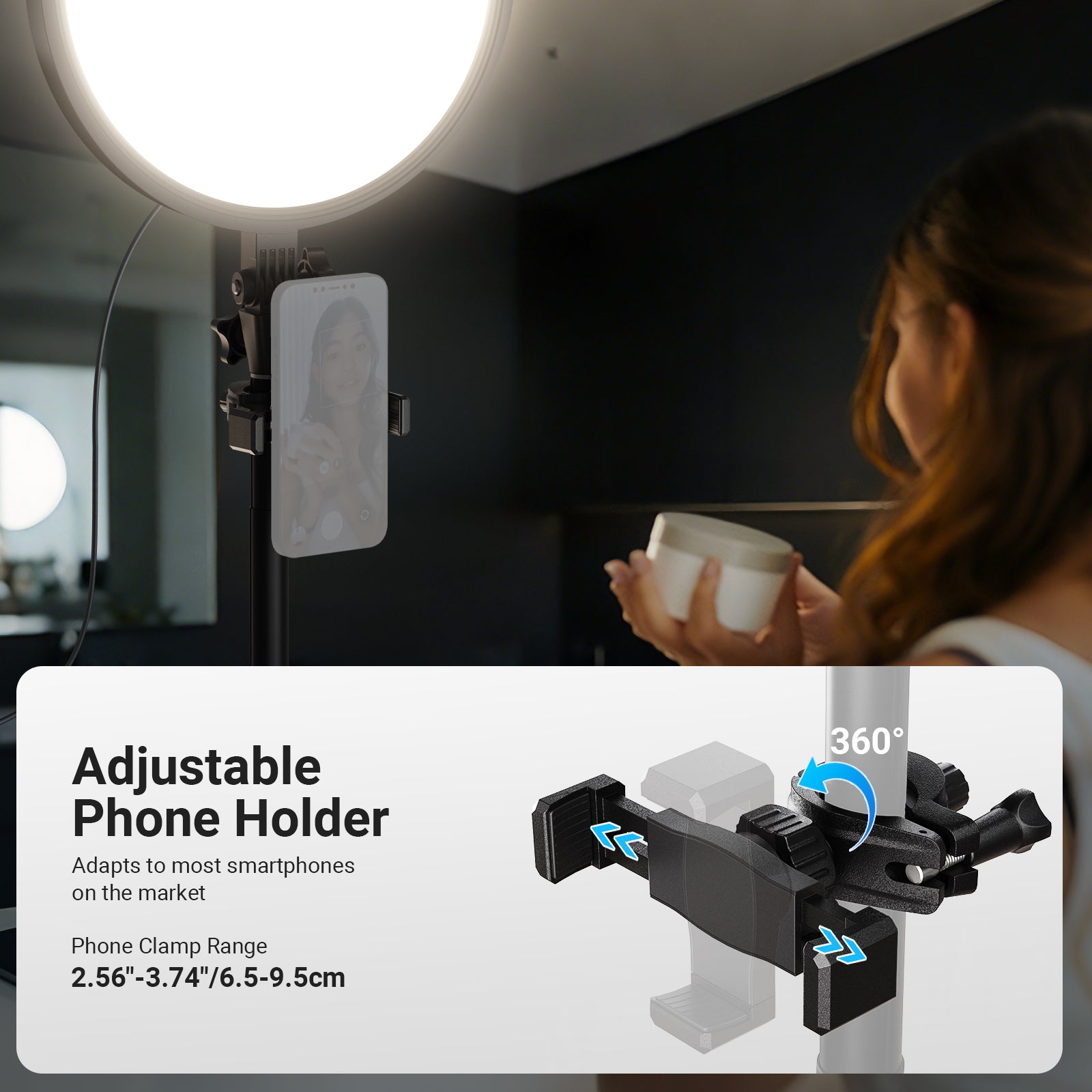 The NEEWER BR45B round LED light with a phone mount provides soft, shadow-free illumination as a woman films a skincare tutorial while holding up a product.