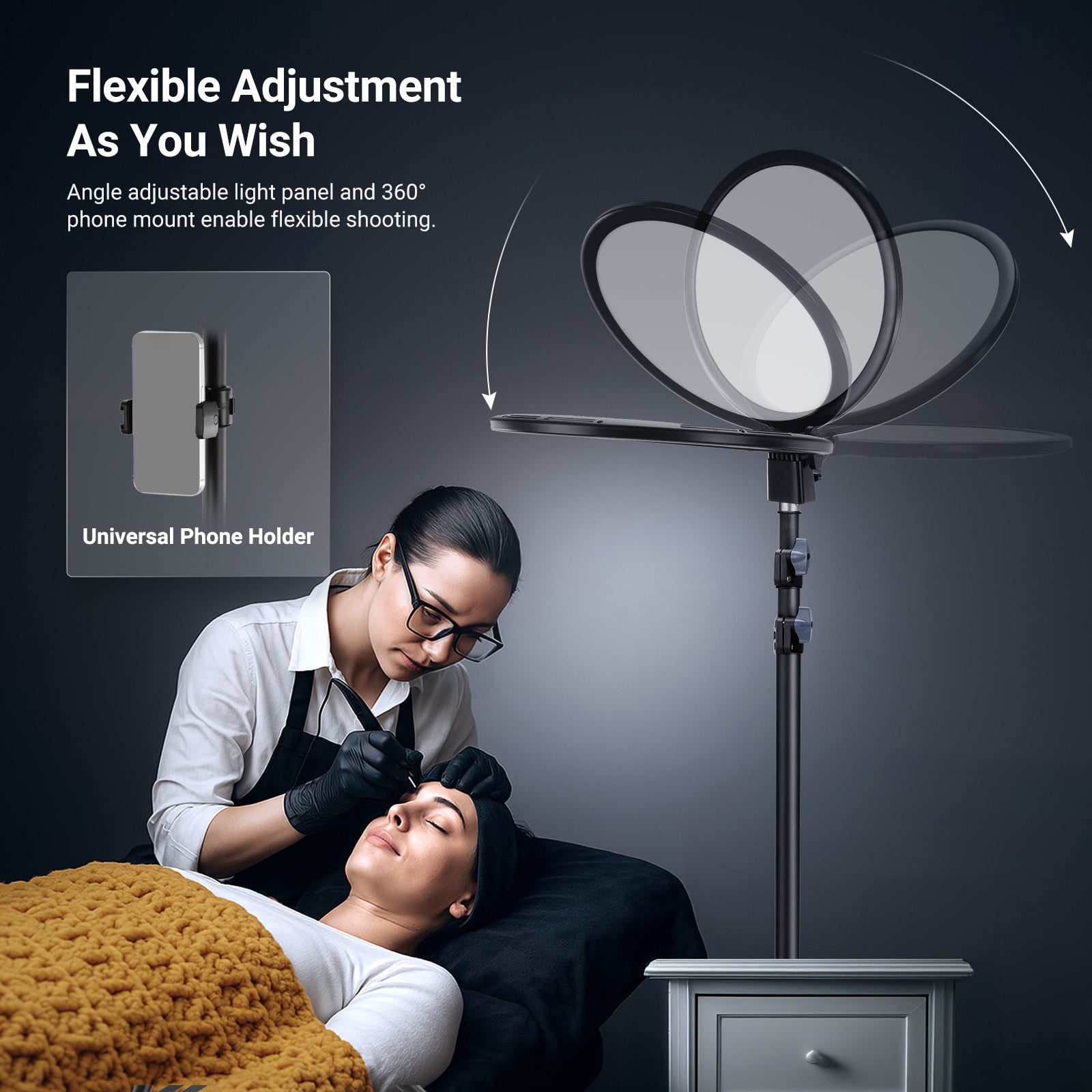 The adjustable ring light with a 360° rotating phone mount provides shadow-free illumination, ideal for a technician performing eyebrow microblading while filming the procedure.