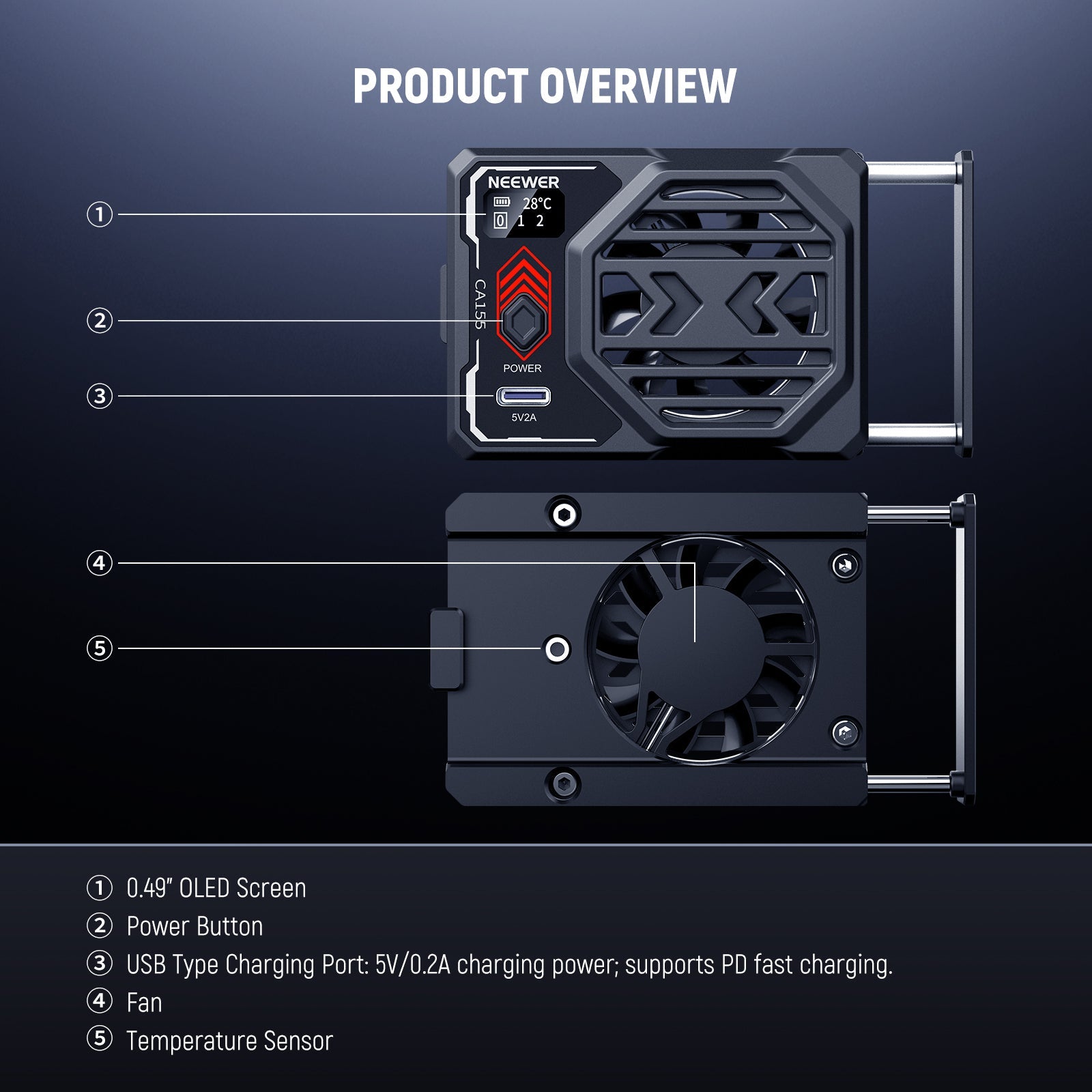 Product overview of the NEEWER CA155 Camera Cooling Fan