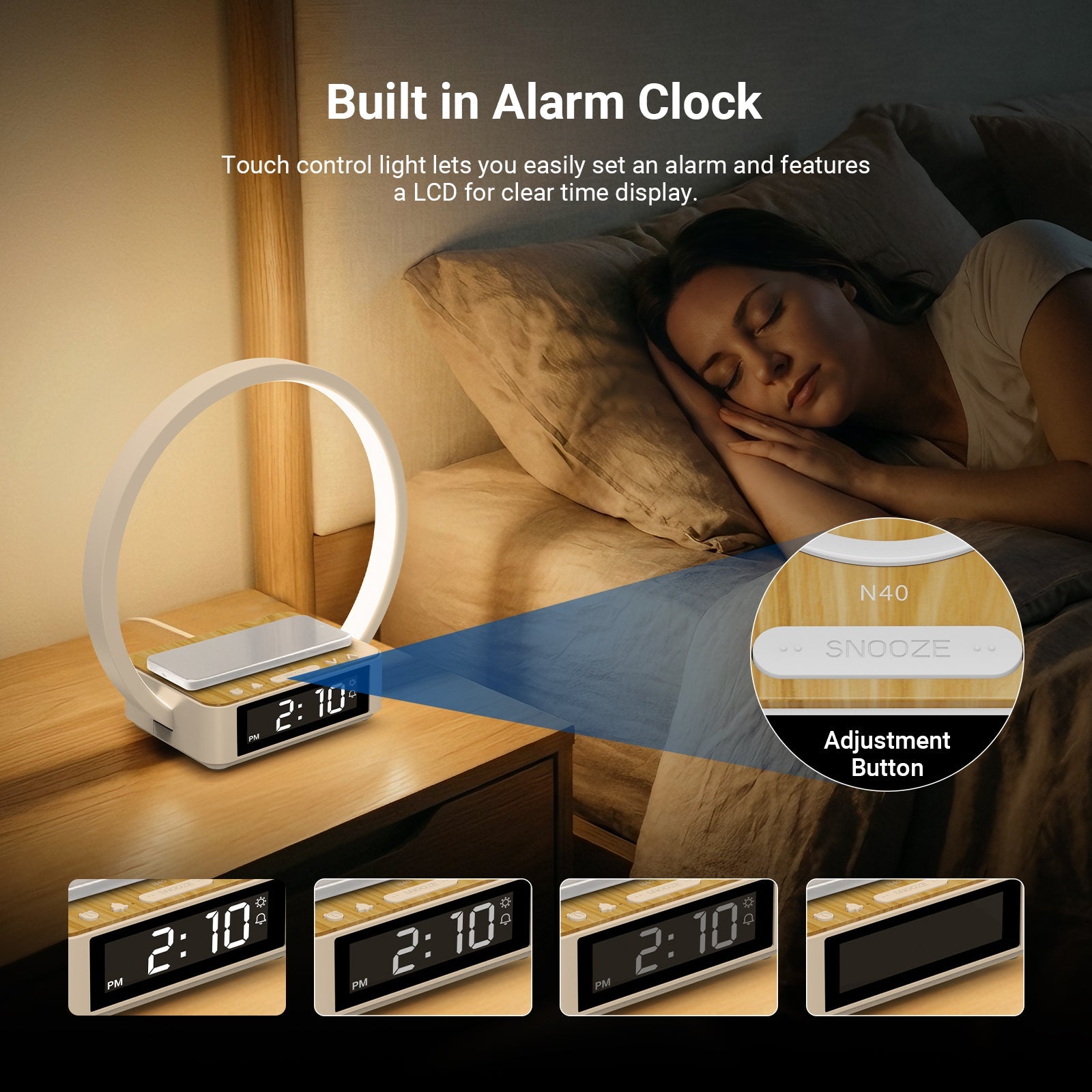 After setting up the NEEWER N40 Wireless Charging Lamp, the woman placed it by her bedside and got ready for bed.