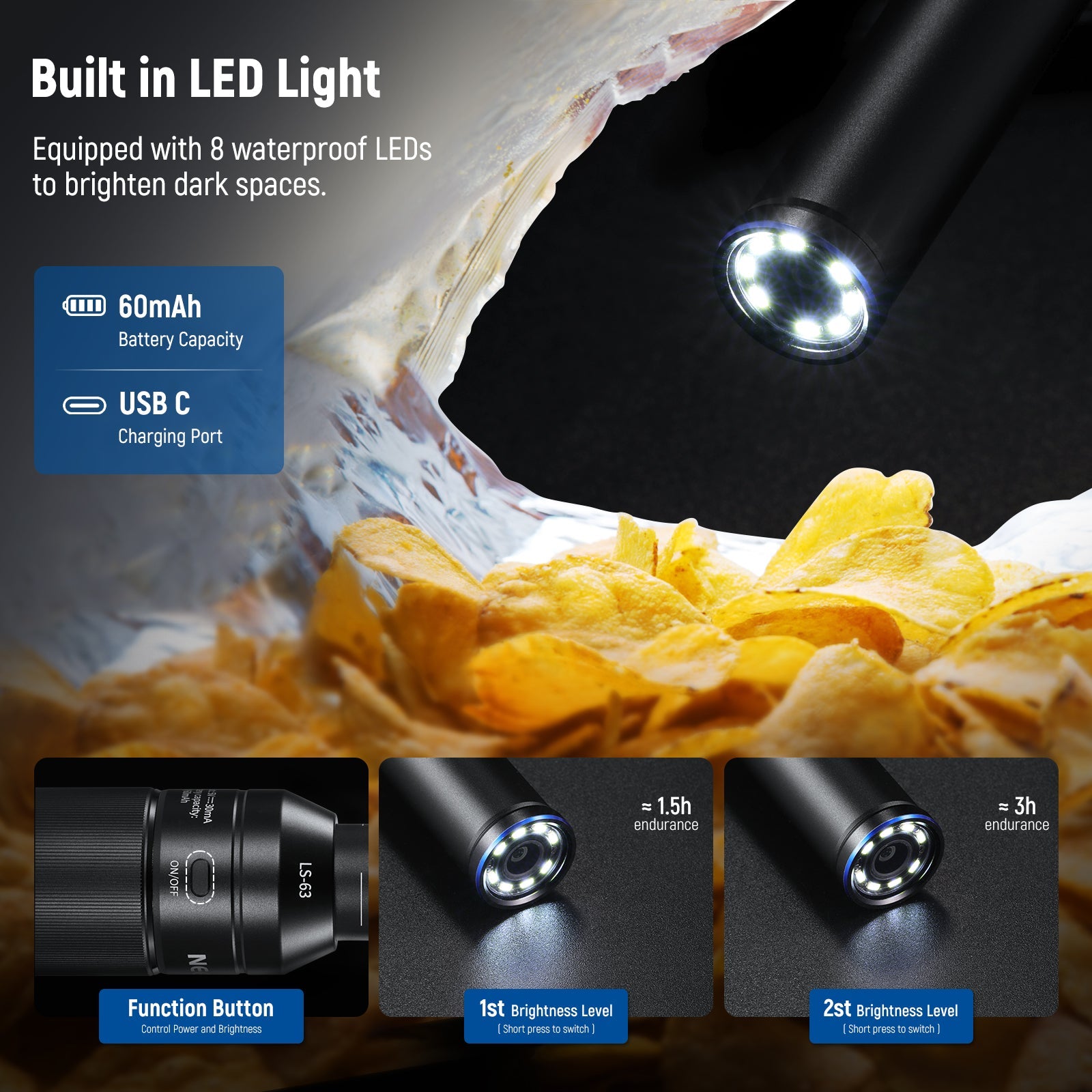 NEEWER LS-63 4X Macro Probe Lens is equipped with 8 waterproof LEDs.