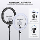 The cold shoe mount adapts to mounting DSLR cameras while the universal phone holder can attach various smartphones