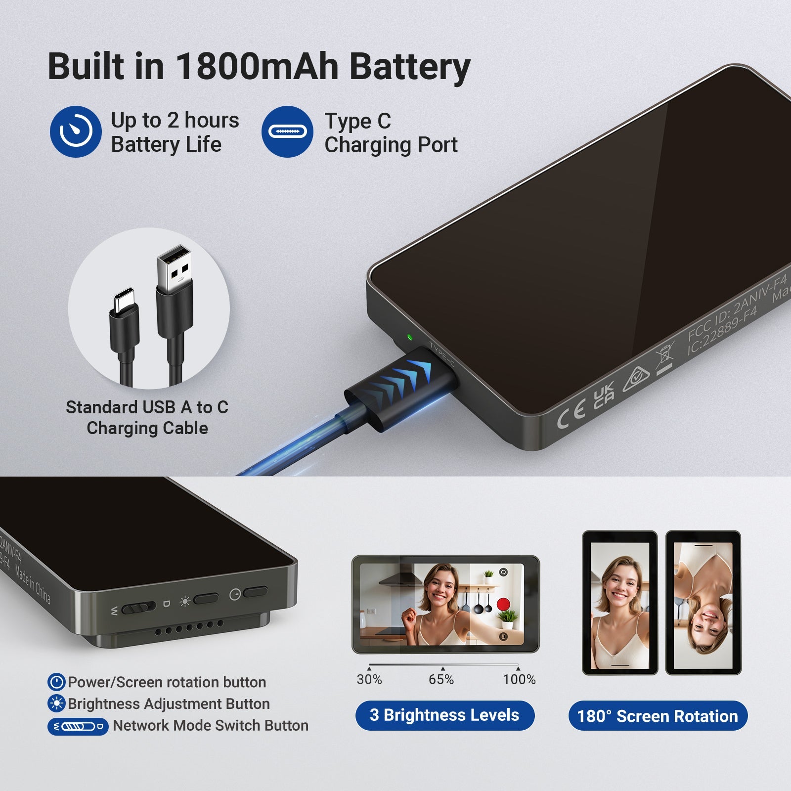 NEEWER F4 Portable HD Phone Selfie Monitor Screen has a built-in 1800mAh battery.