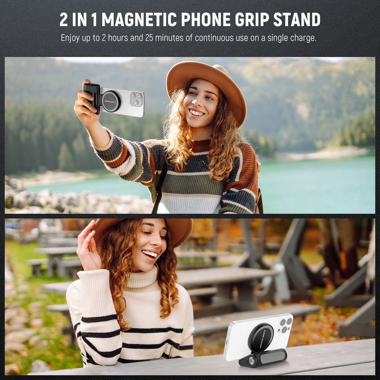 The 2-in-1 magnetic phone grip stand offers 2 hours and 25 minutes of continuous use on a single charge.