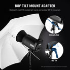 The studio speedlight included enables 180° tilt movement.