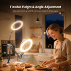 The circle ring light with articulating desk stand mount extends up to 3.56ft, and tilts and rotates for flexible angles.