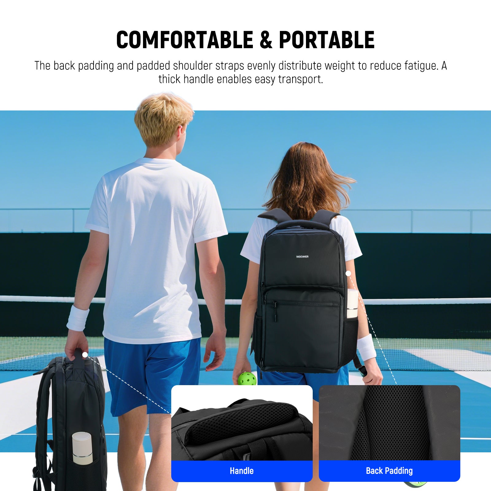 A boy is carrying a NEEWER PB01B Pickleball Backpack, and a girl is wearing a Backpack; the two are walking side by side.