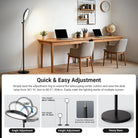 This ring light provides soft, even illumination for a bright home office workspace with two wooden desks, laptops, and minimalist decor.