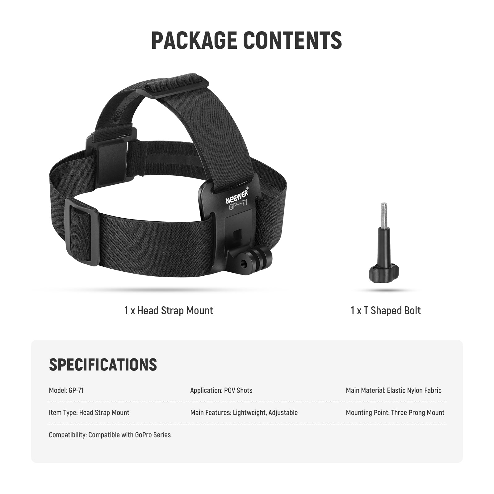 Package Contents of the NEEWER GP-71 Head Strap Mount for GoPro