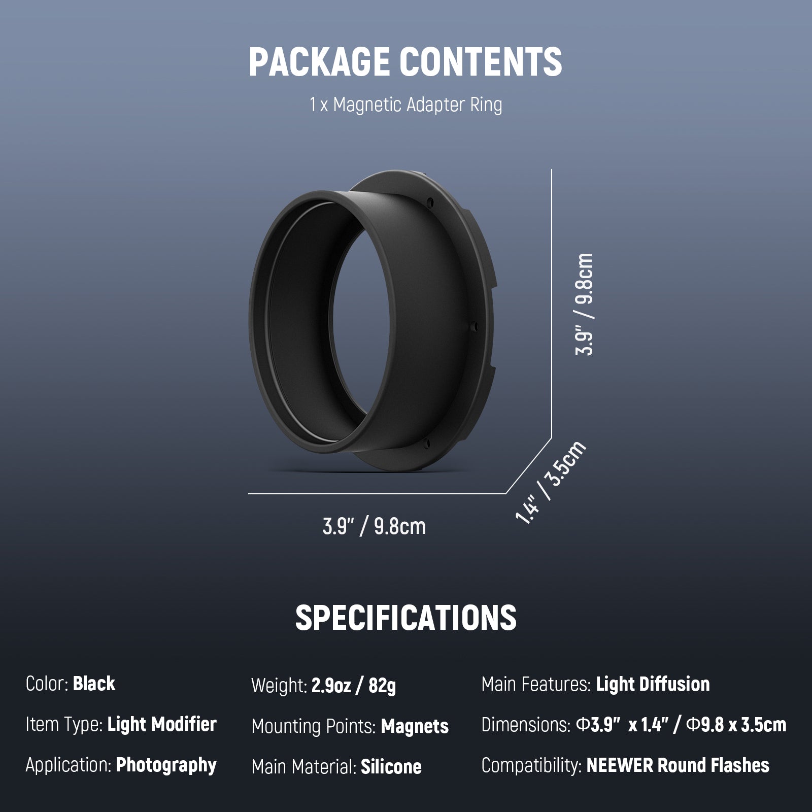 Specifications of the NEEWER CRS13 Flash Magnetic Adapter Ring