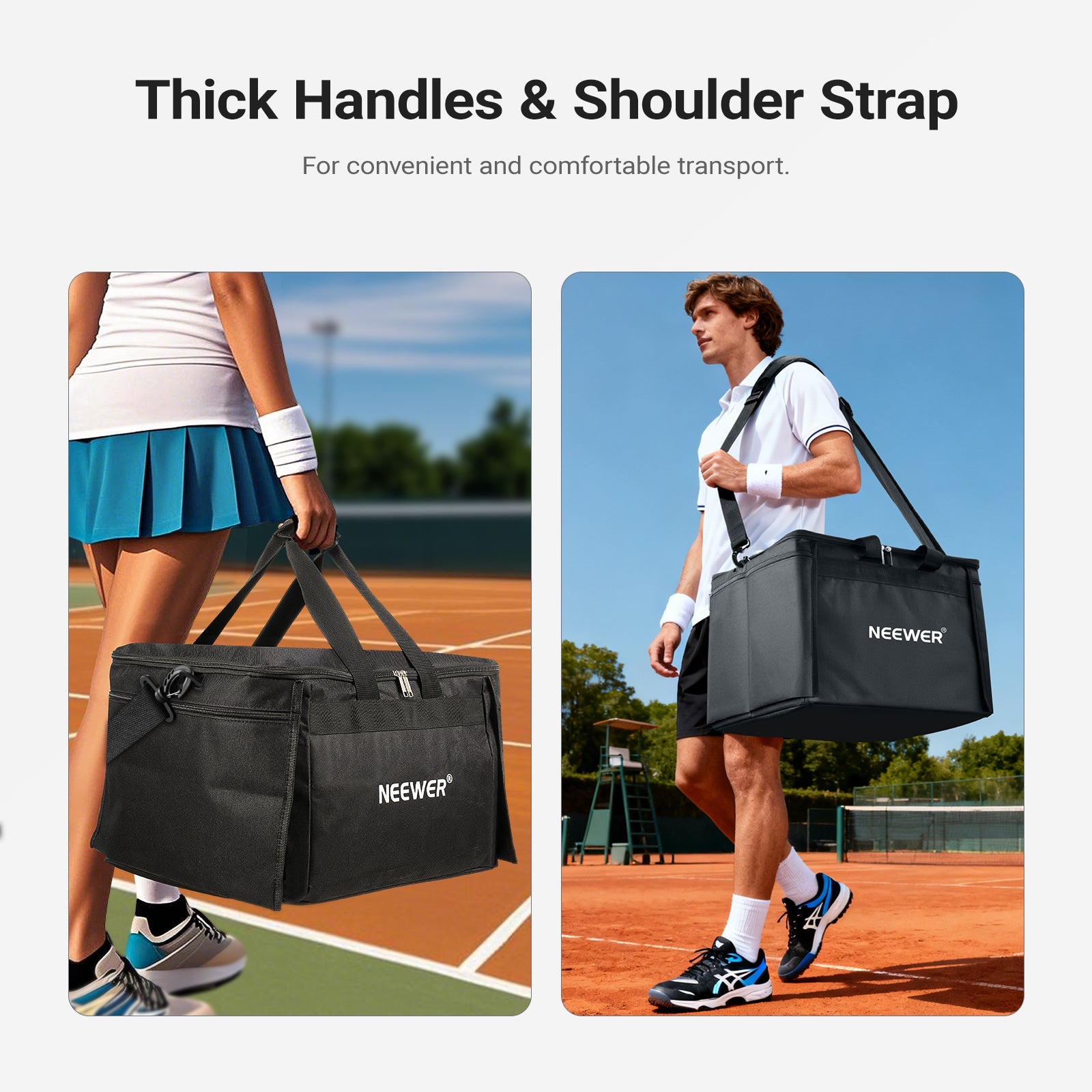 Portable padded handles and an adjustable shoulder strap provide convenient and versatile carrying options