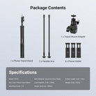This package includes a phone tripod stand, two flexible arms, a tripod mount adapter, and three phone holders.