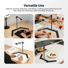 Overhead phone mount in use for different tasks: sewing, embroidery, drawing, and food photography