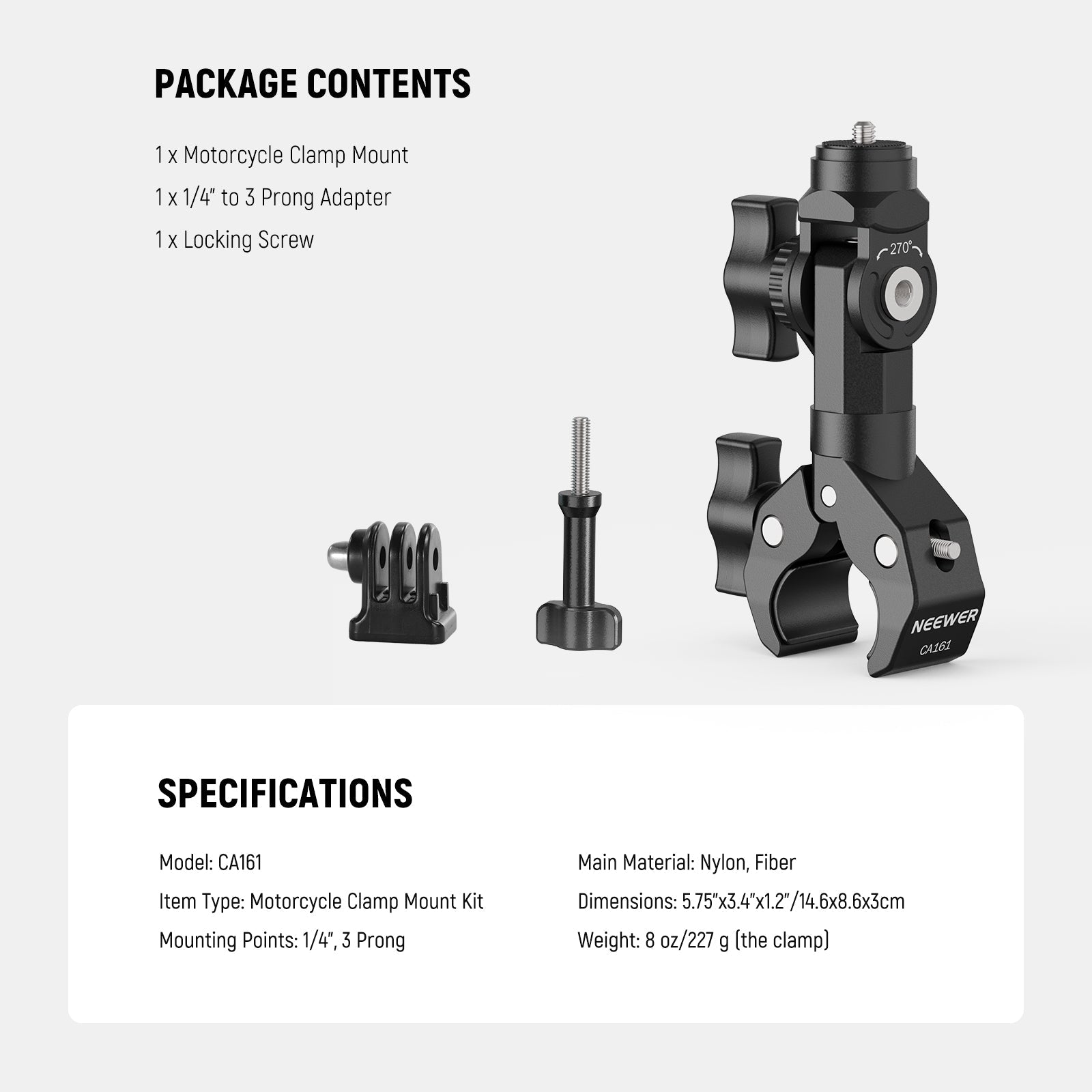 Package Contents of the NEEWER CA161 Motorcycle Action Camera Clamp Mount Kit