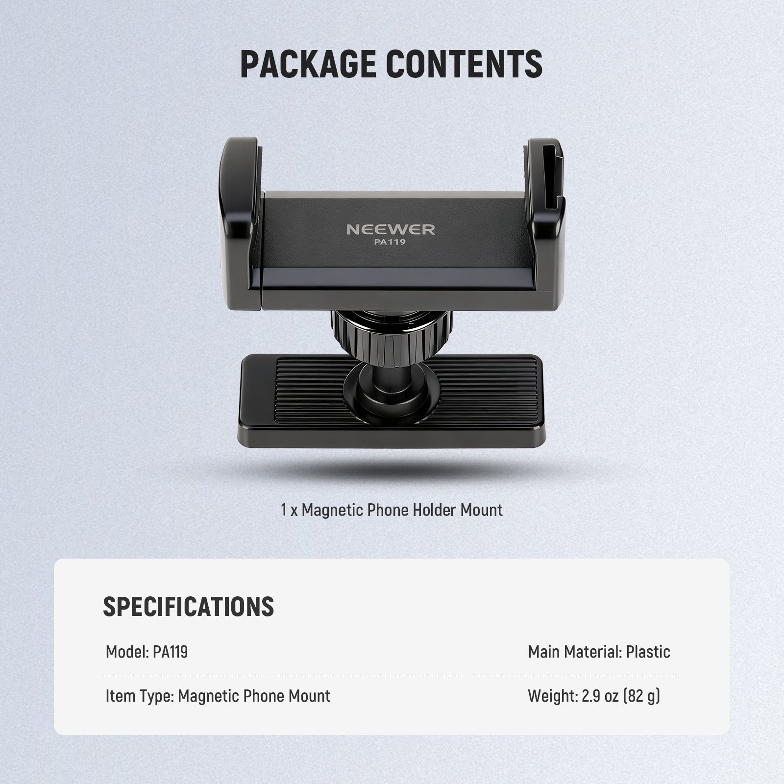 Specifications of the NEEWER PA119 Magnetic Phone Holder Mount for Gym