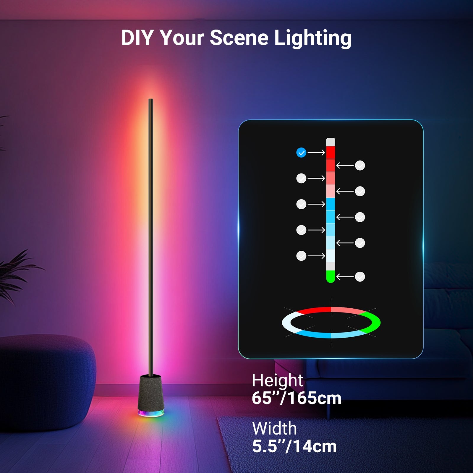 NEEWER NF06 RGBCW Smart LED Floor Lamp supports DIY customization for ambiance lighting to any mood or occasion.