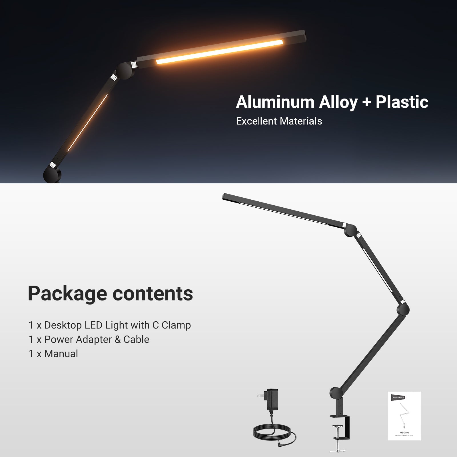 This package includes a desktop LED light with a C clamp, a power adapter, and a cable.