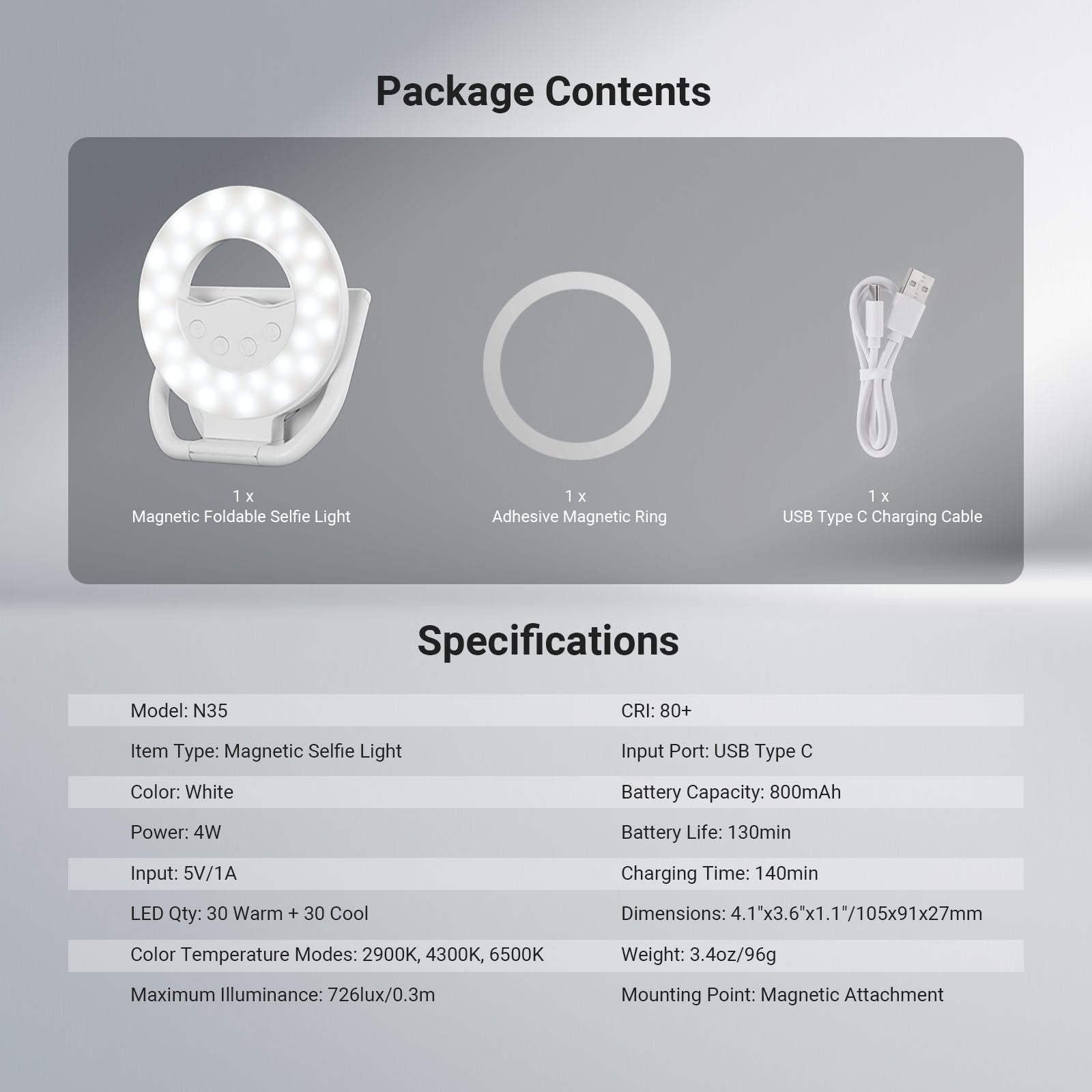This package includes a magnetic foldable selfie light, an adhesive magnetic ring, and a charging cable.