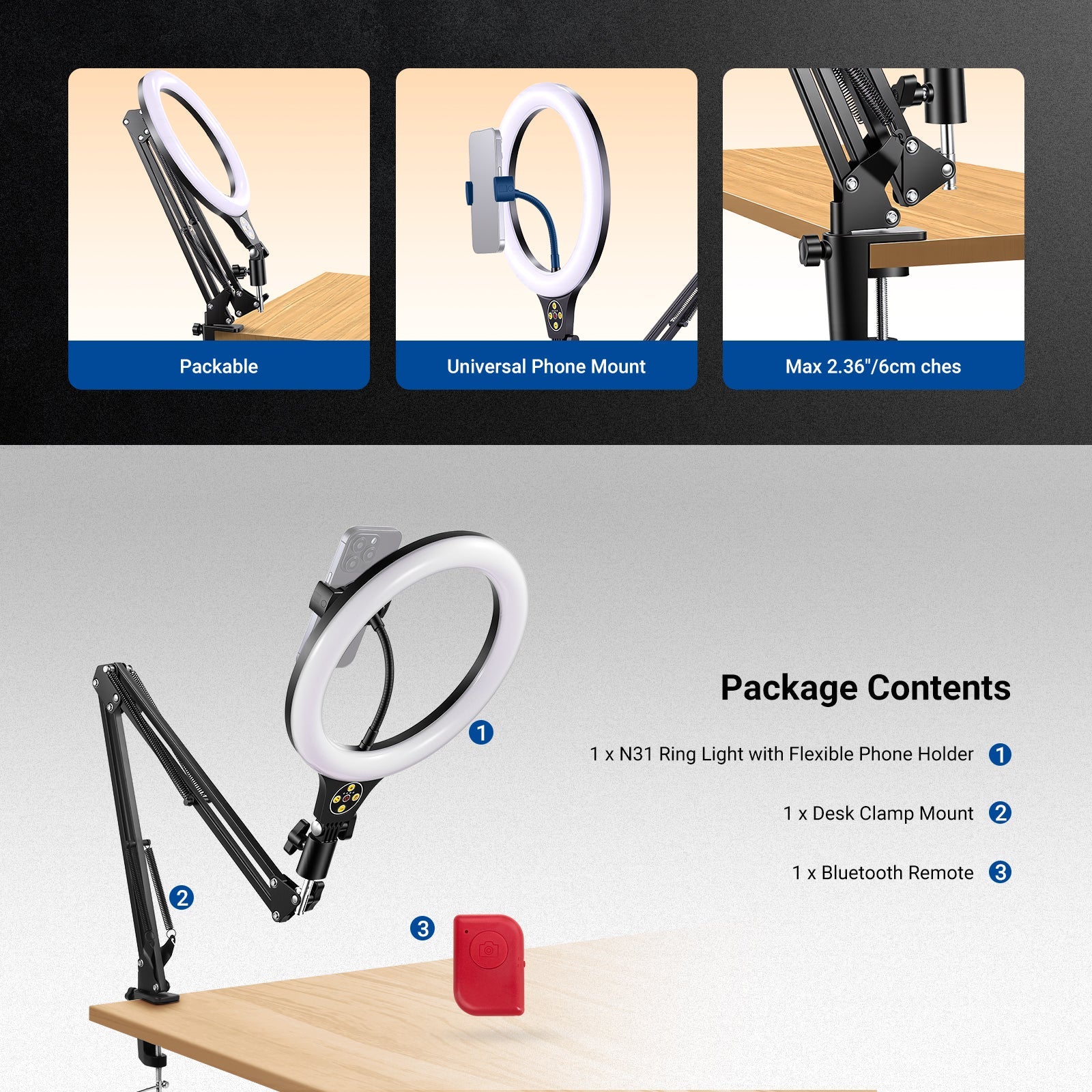 This package includes a ring light with phone holder, a desk clamp mount, and a Bluetooth remote.