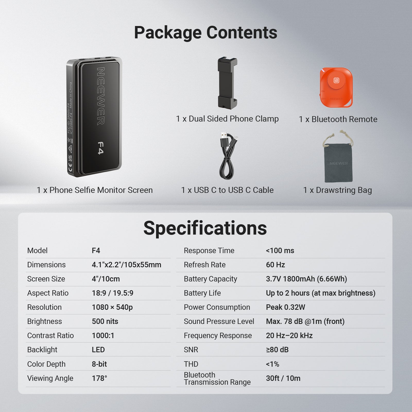 This package includes a phone selfie monitor screen, a dual-sided phone clamp, and more.