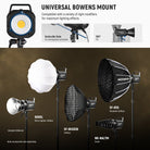 The Bowens mount is compatible with softboxes, snoots, beauty dishes, etc.
