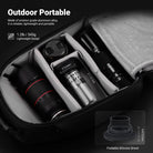 A padded camera gear bag with customizable dividers neatly stores camera lenses and a NEEWER FL20 Portable RGB Photography Flashlight.