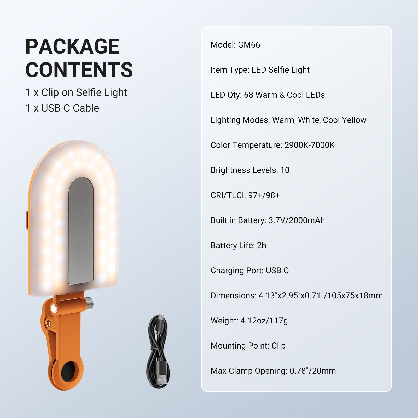 This package includes a NEEWER GM66 Clip-on Selfie Light and a USB-C cable.