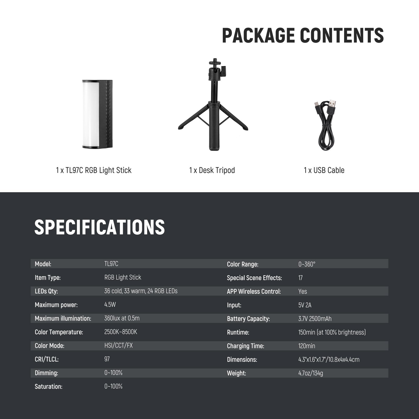 Package Contents of the NEEWER TL97C Pocket Sized Light Wand