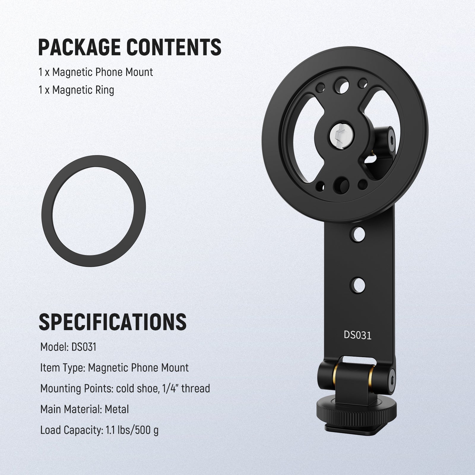 Specifications of the NEEWER DS031 Magnetic Phone Tripod Mount with Cold Shoe