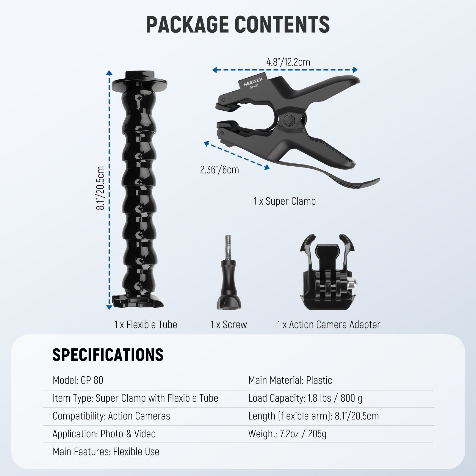 Package Contents of the NEEWER GP-80 Flexible Clamp Mount