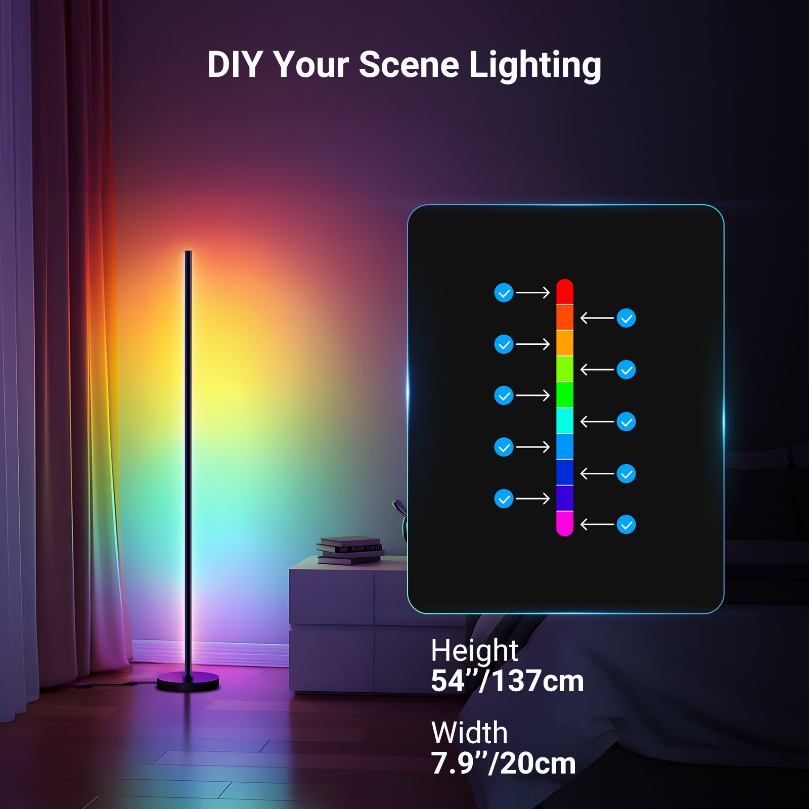 You can use the NEEWER NF04 Smart RGBW LED Floor Lamp to DIY your scene lighting.