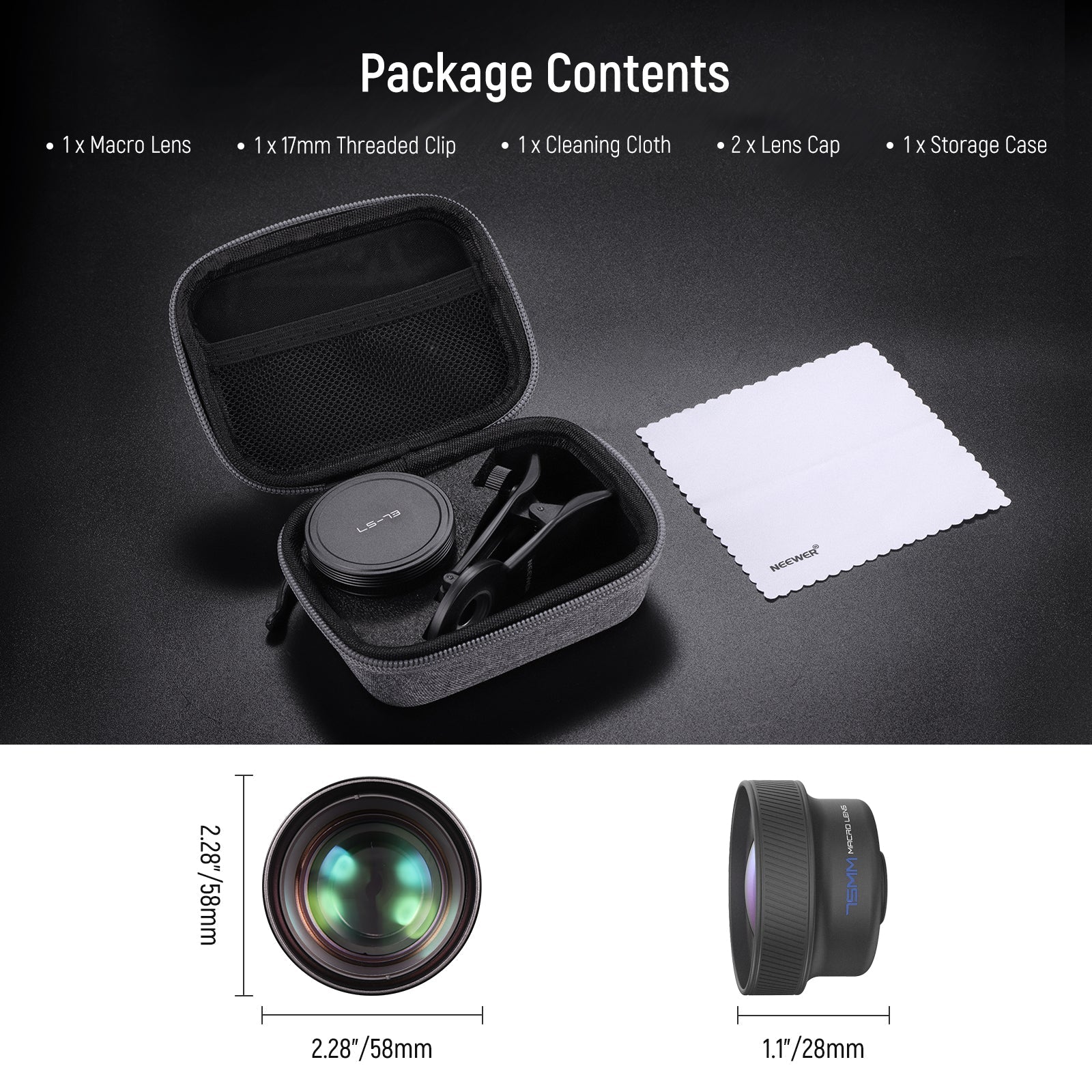 Package Contents of the NEEWER LS-73 75mm Macro Phone Lens & 17mm Threaded Clip